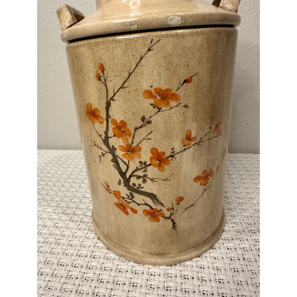 Vintage Ceramic Milk Can Canister 9x5 Tan Orange Cherry Blossom Farmhouse Decor